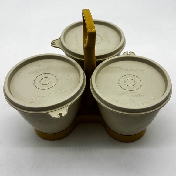 Vtg Tupperware Condiment Harvest Gold Caddy 757-9 Almond Creamer 1414-2 Spoon - Picture 2 of 10